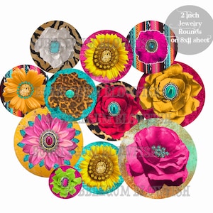Western GyPsY BlOOM JeWeLed flores guepardo serape Cabochon Joyería Arte Collage Digital Hoja 2 in. rondas