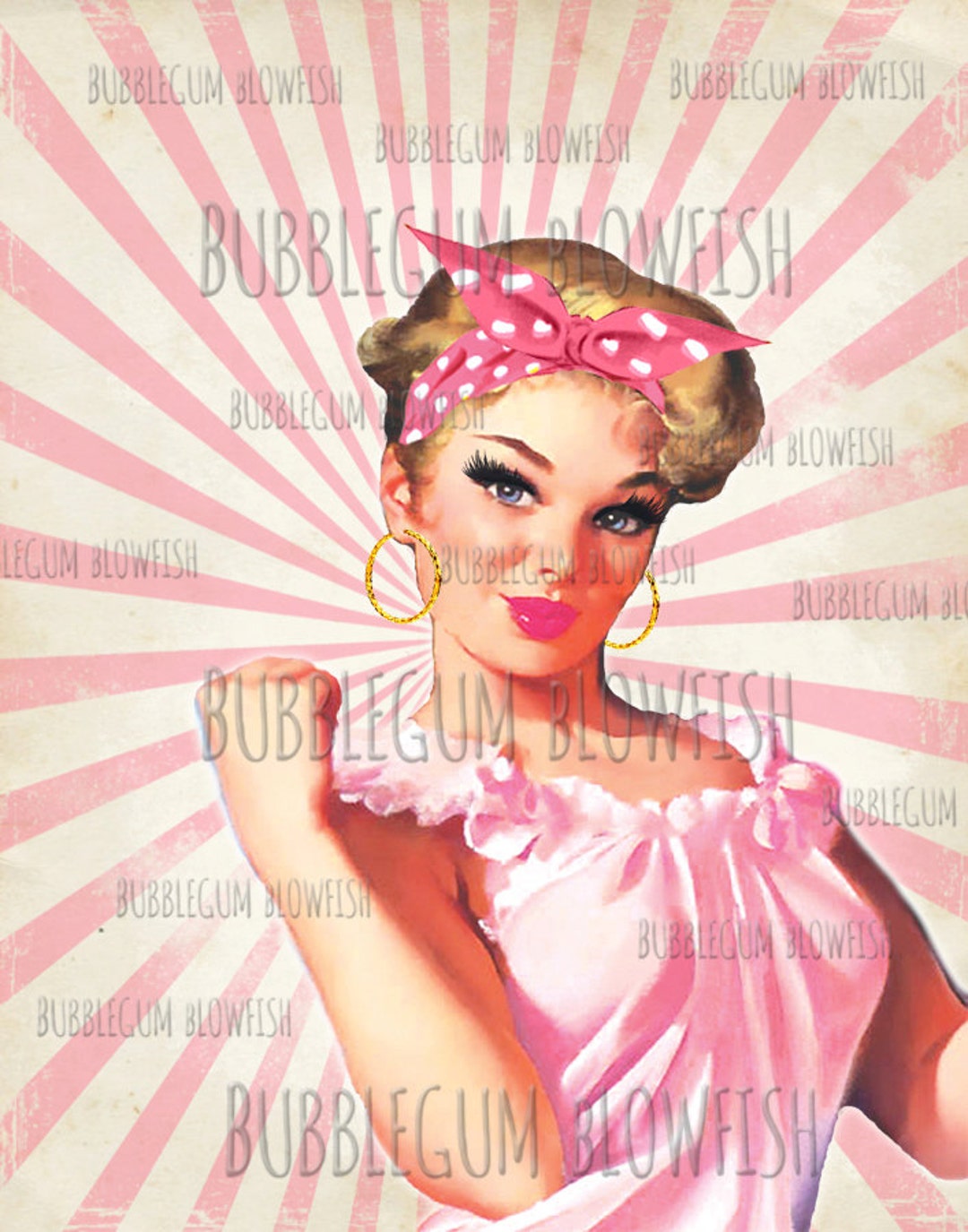 PIN-UP  オリジナルイラスト Pink, Bandana, Pinup, Tough Girl Breast Cancer, Sunrays