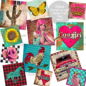 FuNkY Cowgirl Rodeo western gitane Digital artisanat ou bijoux SQUARES clipart numérique une seule feuille de collage