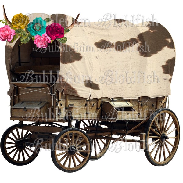 GyPsy WaGoN CoWHiDe cow print with buffalo horns and roses  individual PNG file digital clipart download