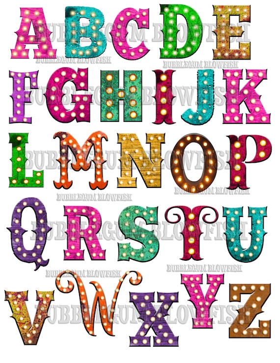 Colorful Funky Marquee Light Alphabet Letters SINGLE File PNG Collage Sheet  Letters Are NOT Separated 