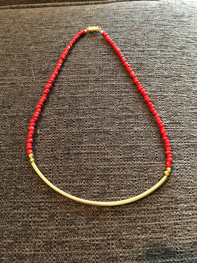 Coral Seed Beads Chocker with Gold Connector and Magnetic Clasp