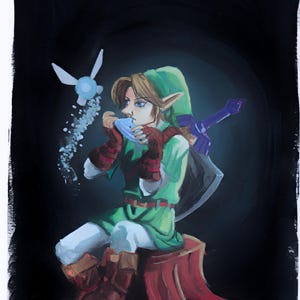 May include: A painting of a character with brown hair wearing a green tunic, brown gloves, and boots, sitting on a red tree stump. The character holds a blue ocarina to their mouth, with a glowing blue fairy nearby and a sword strapped to their back.
