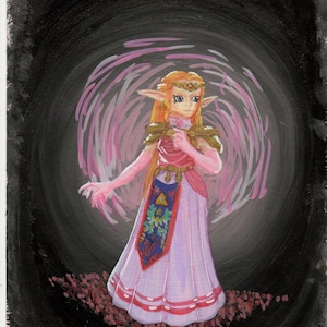 May include: A painting of a figure with long blonde hair and pointed ears, wearing a light pink dress with a blue and gold tabard featuring a yellow triangle emblem. The figure has gold shoulder armour and a gold headpiece, set against a dark background.