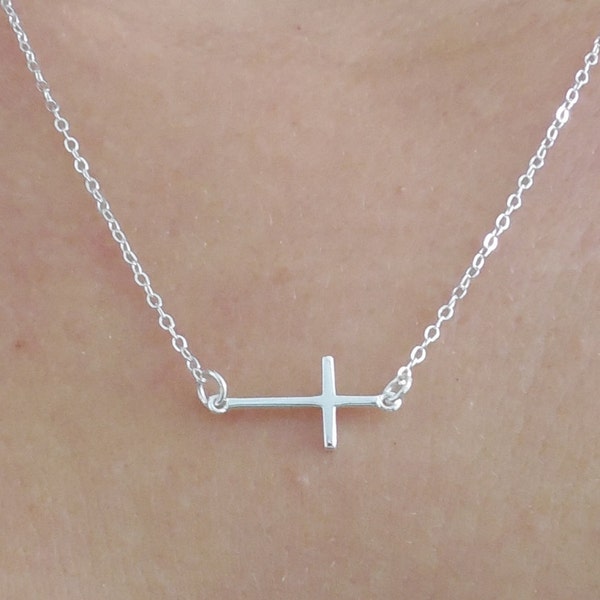 Sideways Christian Cross Sterling silver charm, sterling silver cable chain, statement necklace, minimalist, sideway cross (246)