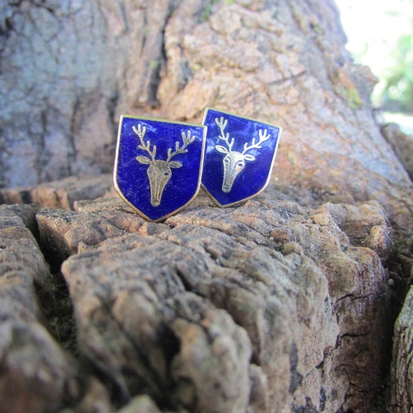 Sophos Enameled Cufflinks, Stag Head, Deep Blue Enamel, Shield Shaped, Gold Tone Metal, Circa.1950