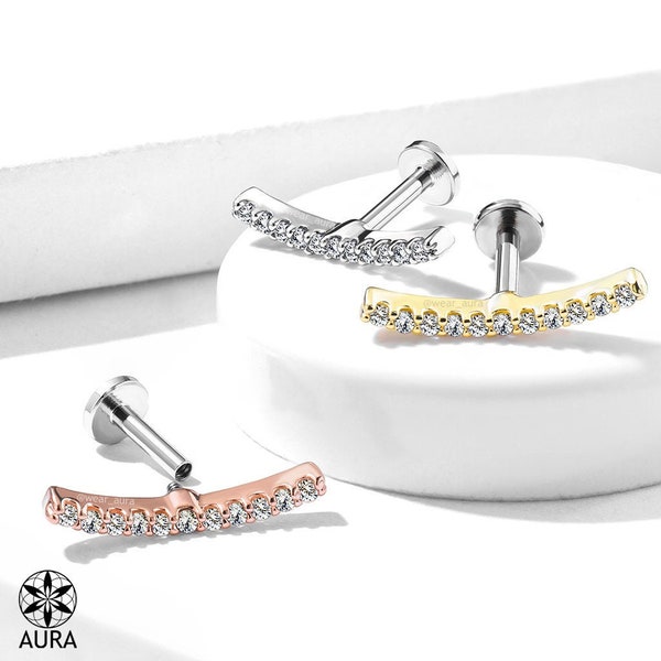 Crystal Curved Line or Labret, Monroe, Cartilage, Medusa, and more! Cubic Zirconia, Rose Gold, Gold Plated| Steel Bar, Internally Threaded