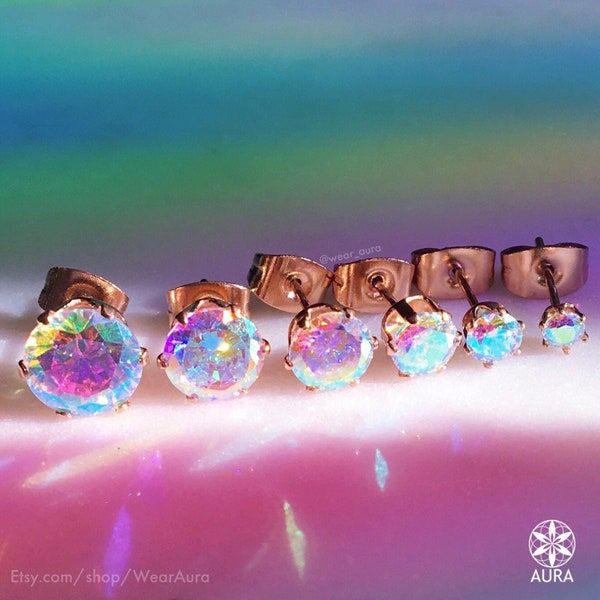 A Pair Of Aurora Borealis Iridescent Round Crystal Rose Gold Earrings