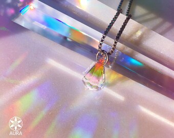 Swarovski Crystal Diamond Drop Necklace – Stainless Steel Chain, Rainbow Prism