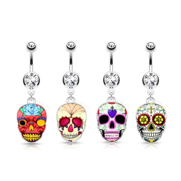 Sugar Skull Dangle Navel Ring | Day of the Dead | Halloween | Spooky | October Vibes | Goth Girl |