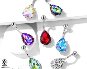 AB Crystal Tear Drop Gem with Silver Heart Filigree 14GA Navel Ring Non-Dangle Belly Button Navel Rings