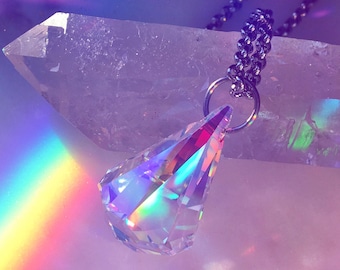 Swarovski Crystal Prism Necklace, Diamond Drop Pendant, Stainless Steel Chain