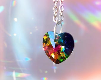 Rainbow Heart Swarovski Crystal Pendant Necklace - 18mm Pendant, 18" Stainless Steel Cable Chain | Genuine Swarovski Crystal