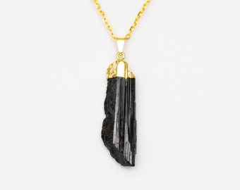Raw Black Tourmaline Pendant Necklace - Gold