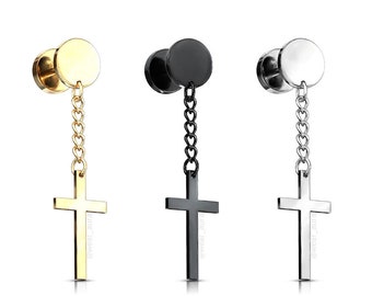 Single Cross Earring on Dangle Chain Faux Plug 316L Surgical Steel/Brass Gold Black Stylish Jewelry  - Sold by the piece