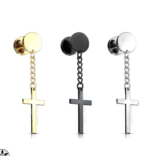 Single Cross Earring on Dangle Chain Faux Plug 316L Surgical Steel/Brass Gold Black Stylish Jewelry  - Sold by the piece