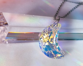Iridescent Aura Crescent Moon Crystal Pendant Necklace- XL size
