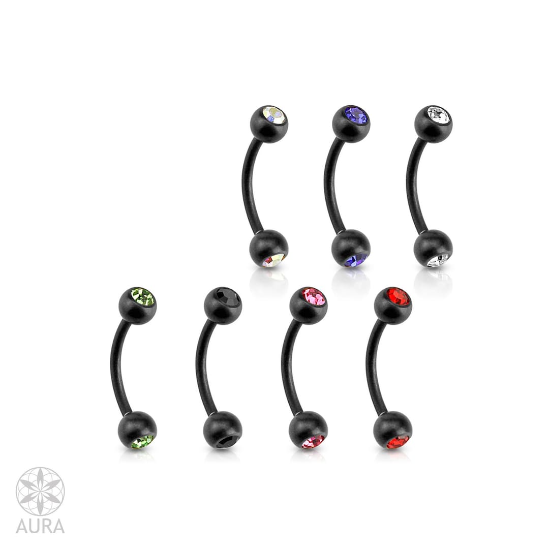 Matte Black Curved Barbell Eyebrow Ring With Crystals Available in 6