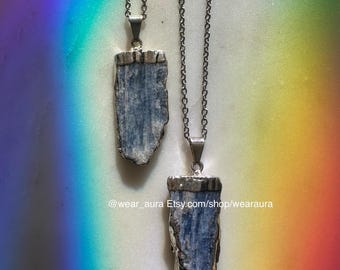 Raw Blue Kyanite Silver Edge Pendant Necklace