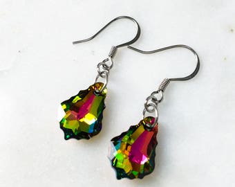 Dark Rainbow Baroque Swarovski Crystal Earrings - Vitrail Medium