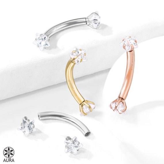316L Surgical Steel Rose Gold PVD Internally Threaded Double White CZ Star Curved Barbell 316L Surgical Steel Rose Gold PVD Internally Threaded Double White CZ Star Curved Barbell