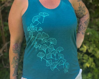 Ginkgo Leaves Racerback Tank: Hand-Screened Teal Tri-Blend