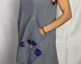 Double Crinkle Cotton Pocket Dress with Poppies