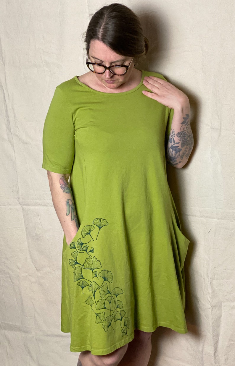 Cotton Elbow Sleeve Pocket Dress with Ginkgo image 1