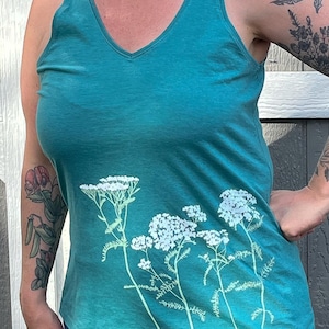 Yarrow Teal V-Neck Tank Top, Hand-Screened Floral Design