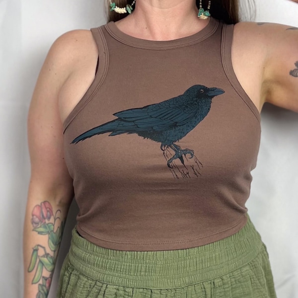 Camiseta corta sin mangas con estampado de cuervo - Espalda deportiva de algodón acanalado