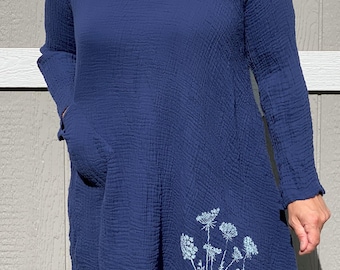 Floral Double Crinkle Cotton Long Sleeve Pocket Dress with Queen Anne's Lace