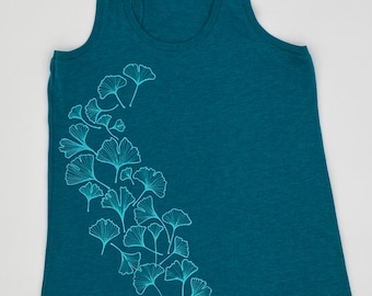 Ginkgo Leaves Racerback Tank: Handscreenad blågrön tri-blend
