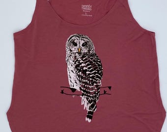 Camiseta sin mangas con estampado de búho barrado - Mezcla de algodón rosa estampada a mano