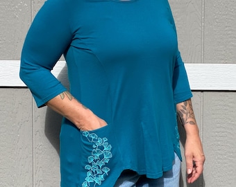 Ginkgo Pocket Tunic Top, USA Made Cotton 3/4 Sleeve