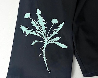 Dandelion Print Bike Shorts: Black Cotton-Spandex Blend, USA Made