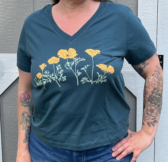 Organic California Poppies V-Neck Women's Tee