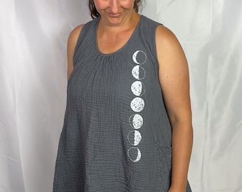 Double Crinkle Cotton Pocket Dress Gray Moon Phases