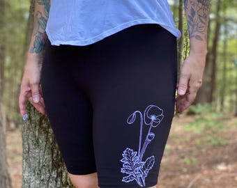 Poppies Print Bike Shorts: Black Cotton-Spandex Blend, USA Made
