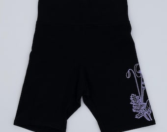 Poppies Print Bike Shorts: Black Cotton-Spandex Blend, USA Made
