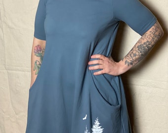 Cotton Elbow Sleeve Pocket Dress with Trees