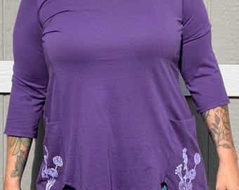 Floral Pocket Tunic Top, USA Made Cotton 3/4 Sleeve