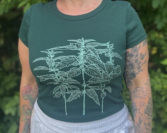 Nettles Print Crop Top, Ribbed Cotton Tee, Hand-Screened