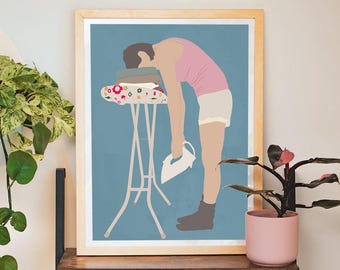 Decoración divertida para la pared del lavadero: Impresión de una mujer cansada planchando