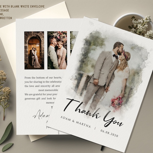 Thank You Cards Wedding with Picture, Thank You Photo Card, Double Side Thank You Card, Greeting Cards, Save The Date, Watercolour Portrait