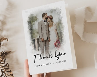 Cartes de remerciement de mariage pliées avec photo, carte de remerciement recto-verso, cartes de voeux, portrait à l'aquarelle