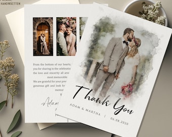 Watercolor Wedding Thank You Cards with Photo: Double Sided