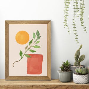 Lámina de arte mural moderno de mediados de siglo: Sol botánico abstracto en terracota