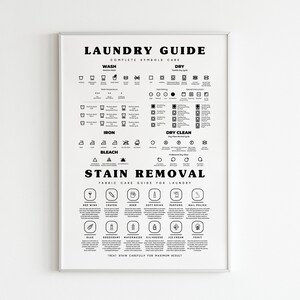 Laundry Symbols Guide with Stain Removal Instruction for Laundry Room Decor - Framed or Unframed