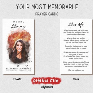 Funeral Prayer Cards with Photo, Memorial Cards, Celebration of Life, Bereavement Cards, Grief Cards, Miss Me Digital Download