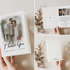 Cartes de remerciement avec photo, Carte de remerciement pliée, Carte de remerciement recto-verso, Cartes de voeux, Retenez cette date, Portrait aquarelle de mariage